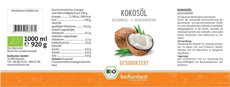 Kokosöl mild 1000 ml - desodoriert BIO