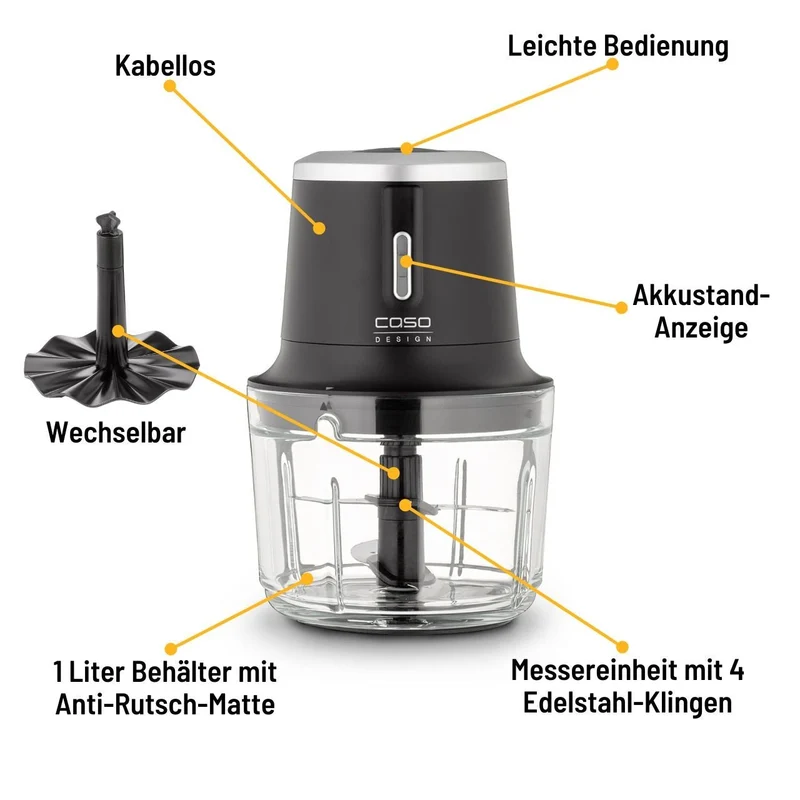 CASO Chop & Go Akku-Multizerkleinerer, kabellos, 200 W, 1-l-Glasbehälter