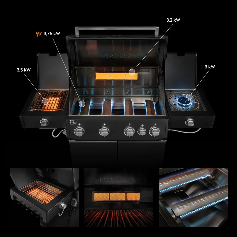 Burnhard Big FRED Deluxe+ Gasgrill Black Edition 4-Brenner mit Edelstahlrost Series 4
