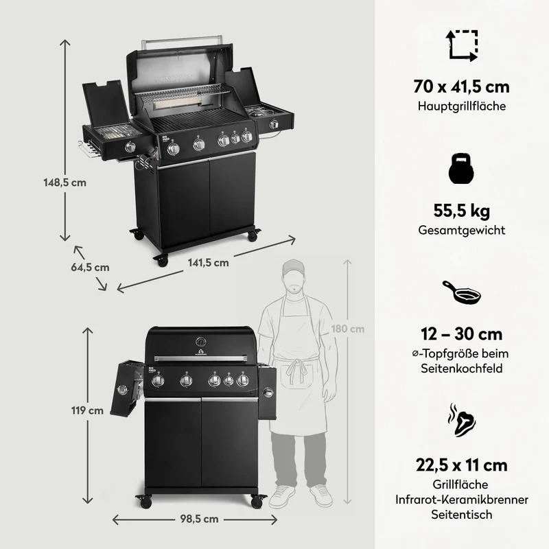 Burnhard Big FRED Deluxe+ Gasgrill Black Edition 4-Brenner mit Edelstahlrost Series 4