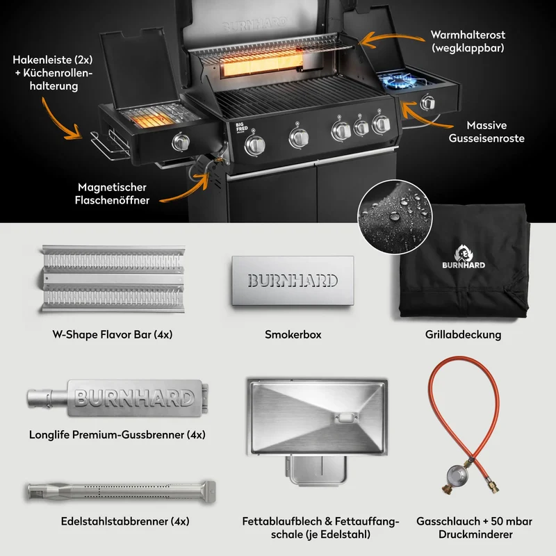 Burnhard Big FRED Deluxe+ Gasgrill Black Edition 4-Brenner mit Edelstahlrost Series 4