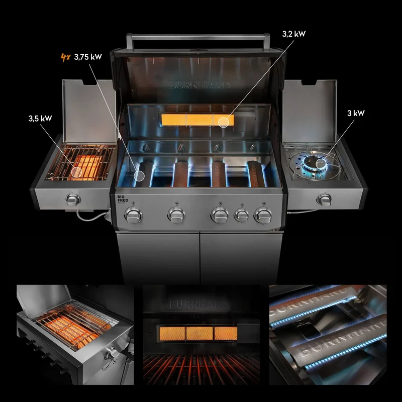 Burnhard Big FRED Deluxe+ Gasgrill Edelstahl 4-Brenner mit Gusseisenrost Series 4