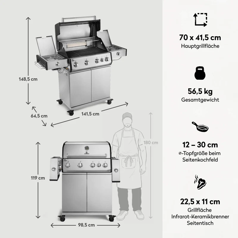 Burnhard Big FRED Deluxe+ Gasgrill Edelstahl 4-Brenner mit Gusseisenrost Series 4
