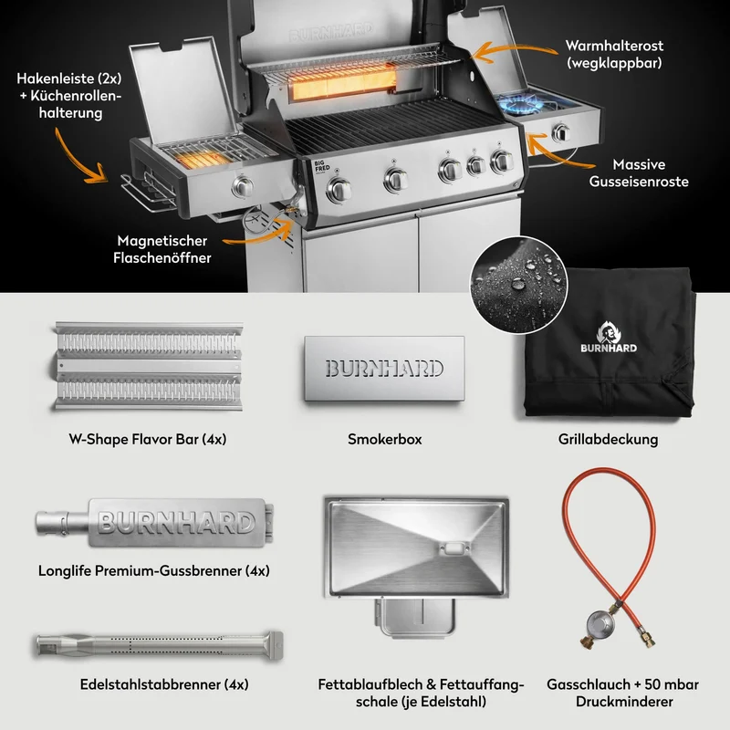 Burnhard Big FRED Deluxe+ Gasgrill Edelstahl 4-Brenner mit Gusseisenrost Series 4