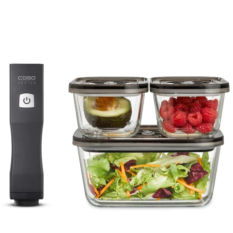 CASO Vacu OneTouch Eco-Set Akku-Handvakuumierer mit Glasbehältern & ZIP-Beuteln
