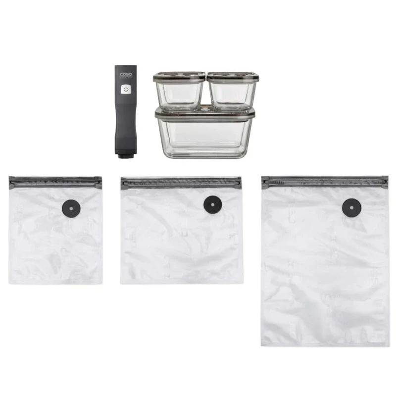 CASO Vacu OneTouch Eco-Set Akku-Handvakuumierer mit Glasbehältern & ZIP-Beuteln