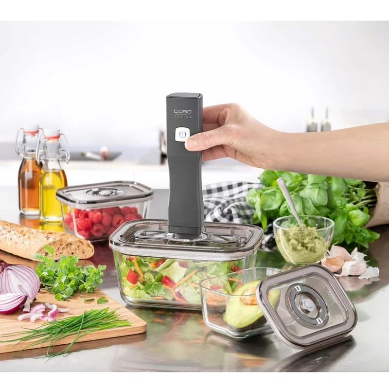 CASO Vacu OneTouch Eco-Set Akku-Handvakuumierer mit Glasbehältern & ZIP-Beuteln