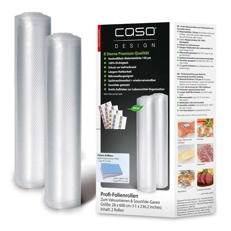 CASO Profi-Folienrollen 28 x 600 cm – 2 Vakuumierrollen, 150 μm, zuschneidbar