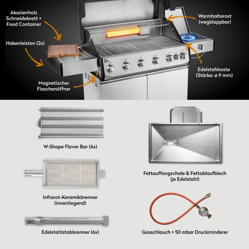 Burnhard Fat FRED Deluxe+ Gasgrill 6-Brenner Edelstahl mit Edelstahlrost Series 4