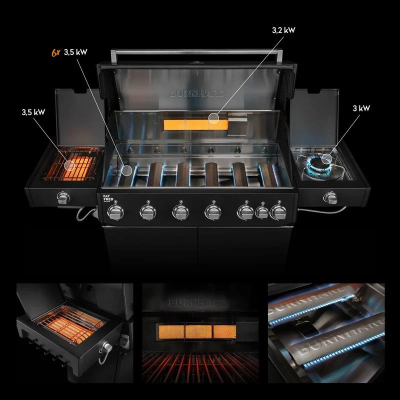 Burnhard Fat FRED Deluxe Gasgrill Black Edition 6-Brenner mit Edelstahlrost (Series 4)