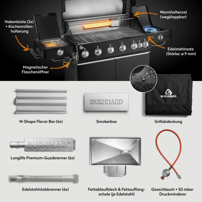 Burnhard Fat FRED Deluxe Gasgrill Black Edition 6-Brenner mit Edelstahlrost (Series 4)