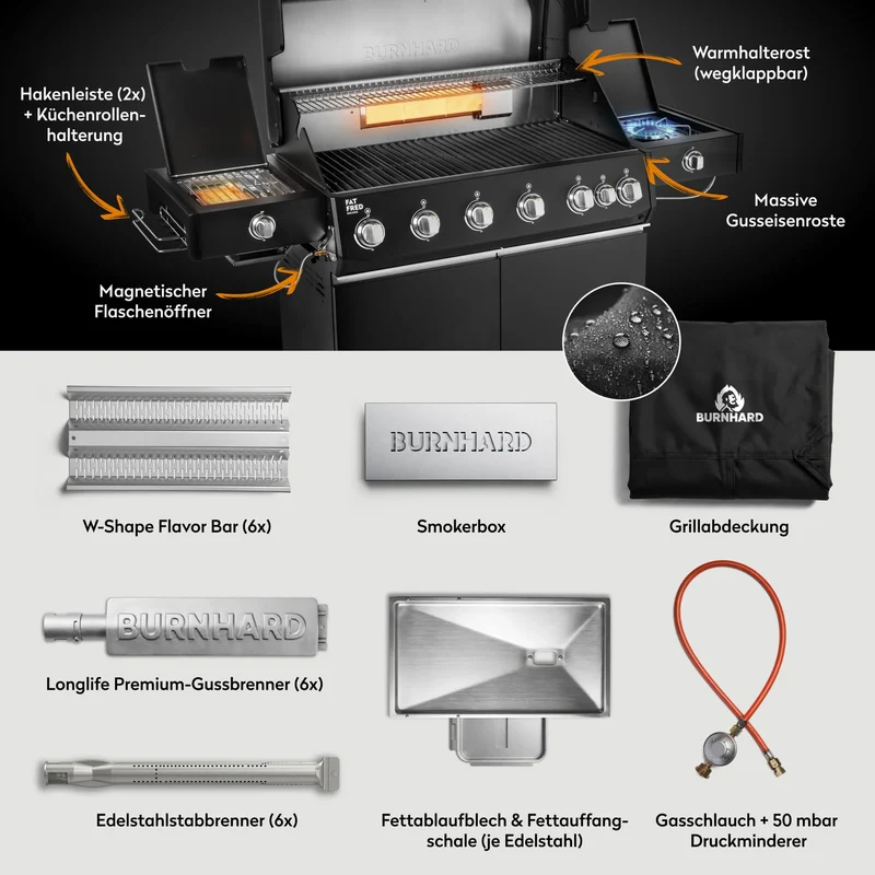 Burnhard Fat FRED Deluxe+ Gasgrill Black Edition 6-Brenner mit Gusseisenrost (Series 4)