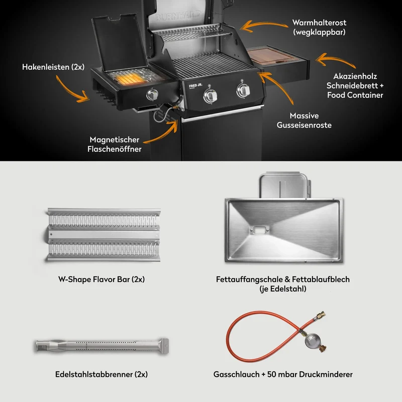 Burnhard FRED Jr. Deluxe Gasgrill Black Edition 2-Brenner mit Edelstahlrost Series 4