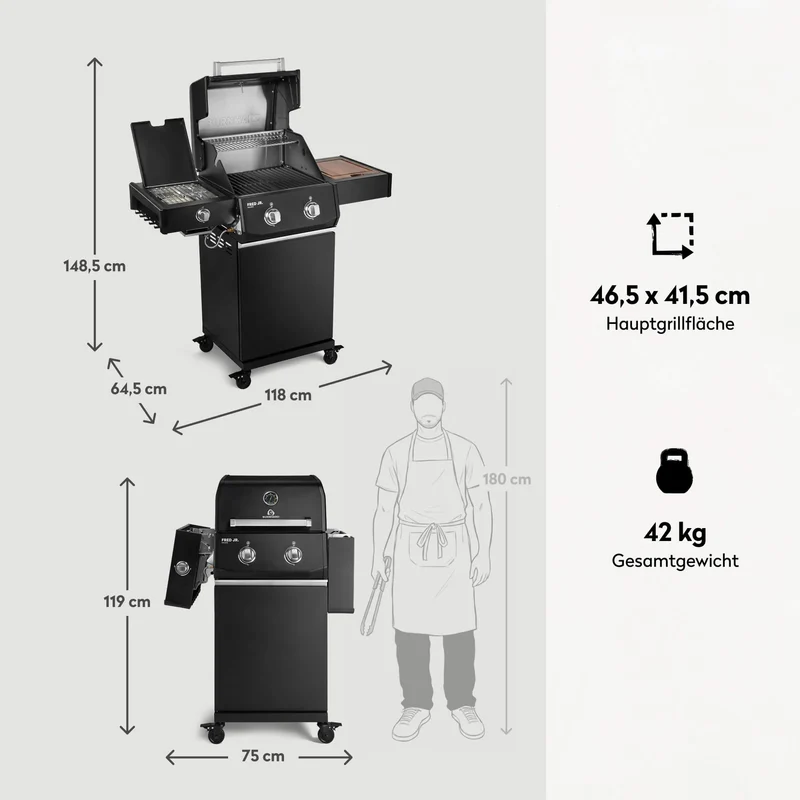 Burnhard FRED Jr. Deluxe Gasgrill Black Edition 2-Brenner mit Gussrost Series 4