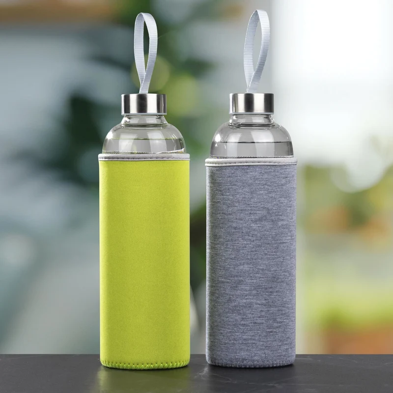 Trinkflasche aus Glas, 1L mit Schutzhülle aus Neopren apfelgrün