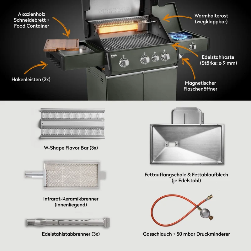 Burnhard FRED Deluxe Gasgrill 3-Brenner Green Edition mit Edelstahlrost Series 4