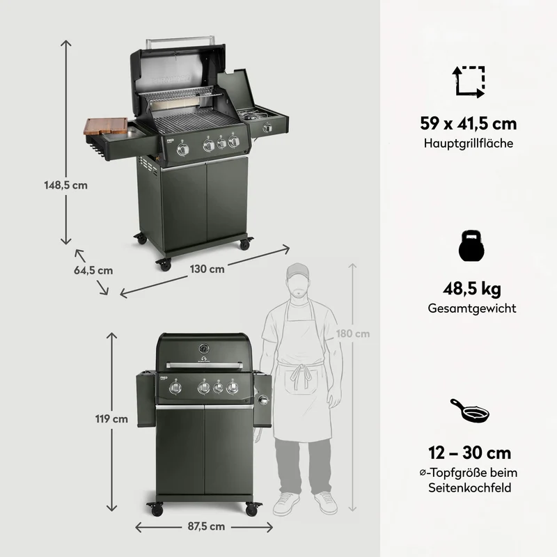 Burnhard FRED Deluxe Gasgrill 3-Brenner Green Edition mit Edelstahlrost Series 4