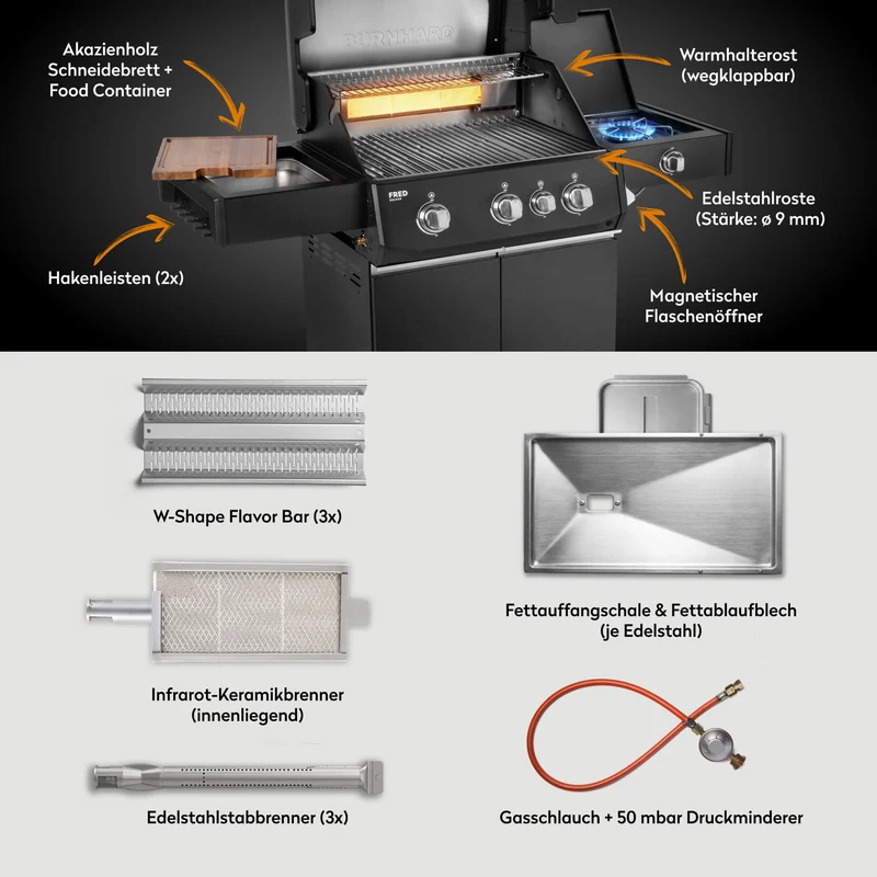 Burnhard FRED Deluxe Gasgrill 3-Brenner Black Edition mit Edelstahlrost Series 4