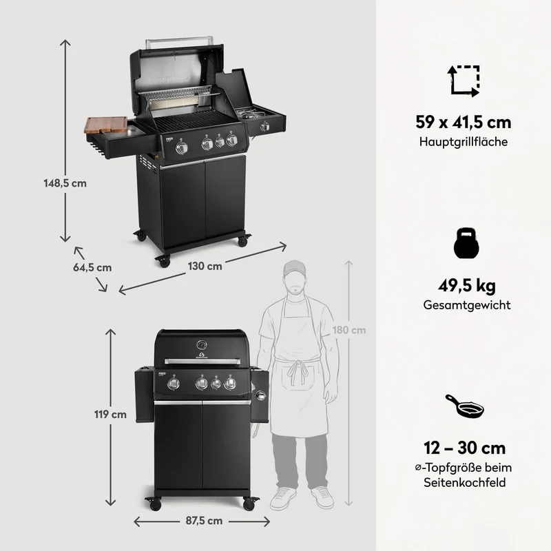 Burnhard FRED Deluxe Gasgrill 3-Brenner Black Edition mit Gusseisenrost Series 4