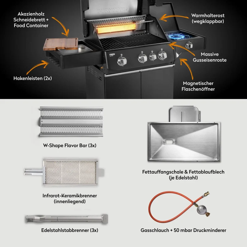 Burnhard FRED Deluxe Gasgrill 3-Brenner Black Edition mit Gusseisenrost Series 4