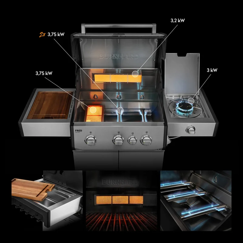 Burnhard FRED Deluxe Gasgrill 3-Brenner Edelstahl mit Edelstahlrost Series 4