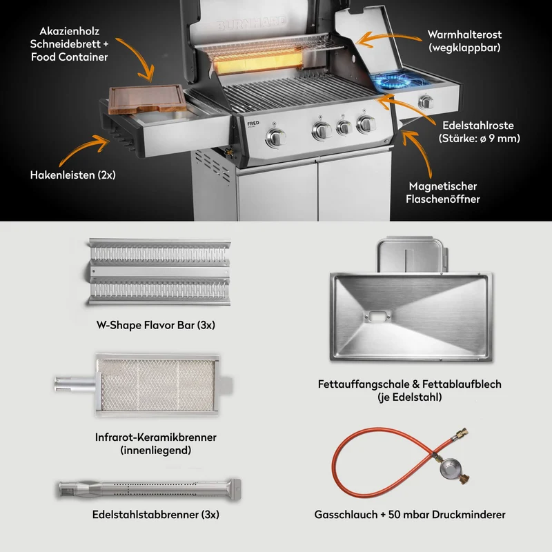Burnhard FRED Deluxe Gasgrill 3-Brenner Edelstahl mit Edelstahlrost Series 4
