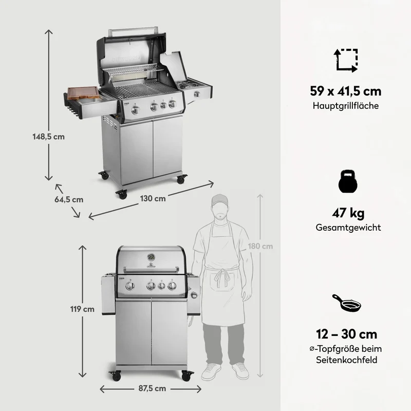 Burnhard FRED Deluxe Gasgrill 3-Brenner Edelstahl mit Edelstahlrost Series 4