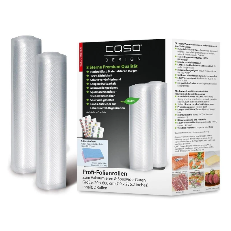 CASO Profi-Folienrollen 20 x 600 cm – 2 Vakuumierrollen, 150 μm, zuschneidbar