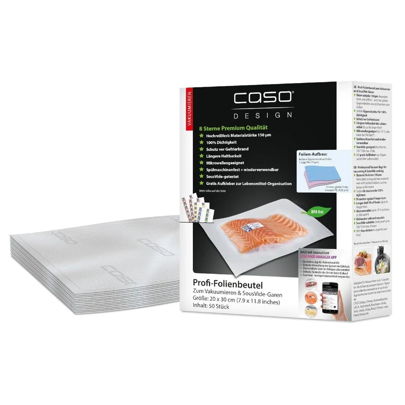 CASO 8-Sterne Profi-Folienbeutel 20 x 30 cm – 50 Vakuumierbeutel, 150 μm