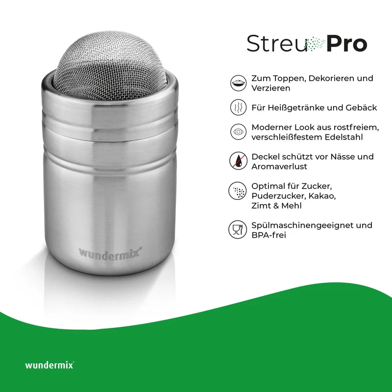 StreuPro | Edelstahl-Streuer für Mehl, Puderzucker, Kakaopulver, Zimtzucker